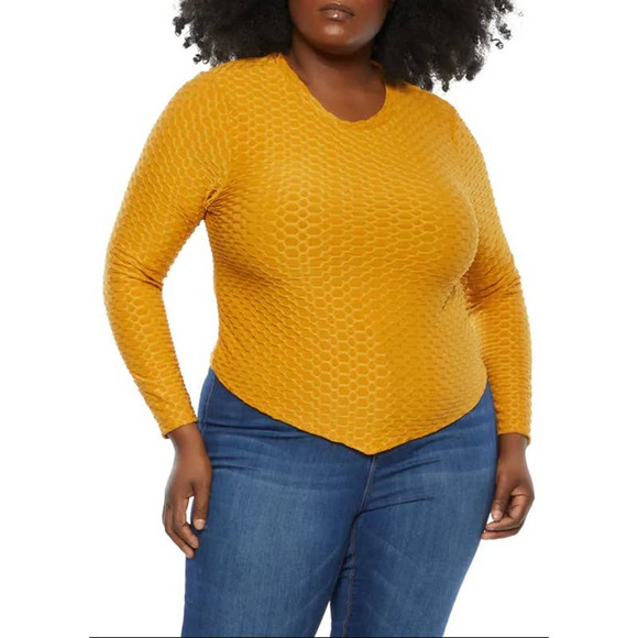 Rainbow Tops Rainbow Mustard Plus Size Textured Knit Open Back Top